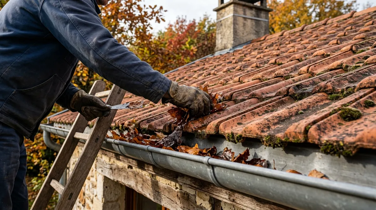 Couvreur inspectant une toiture en tuiles et nettoyant une gouttière encombrée de feuilles