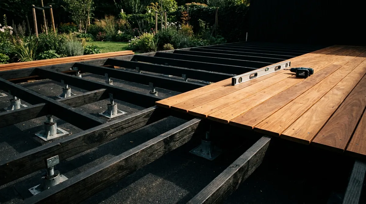 Pose d'une terrasse bois avec lambourdes sur plots réglables et premières lames vissées