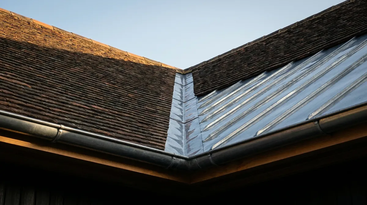 Détail de zinguerie neuve avec noue, solin et gouttière en zinc sur une toiture en tuiles