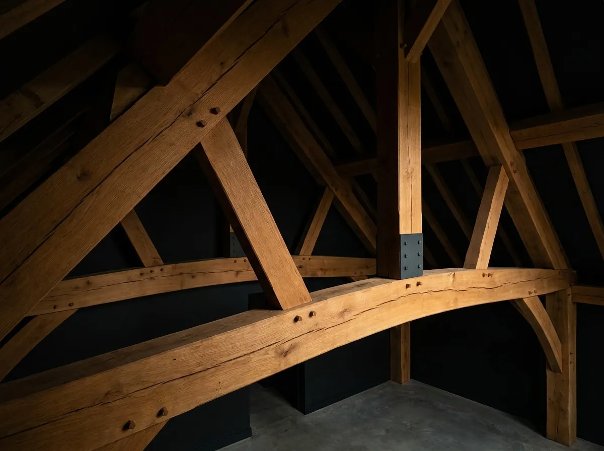 Charpente traditionnelle en chêne d'une grange rénovée vue en contre-plongée
