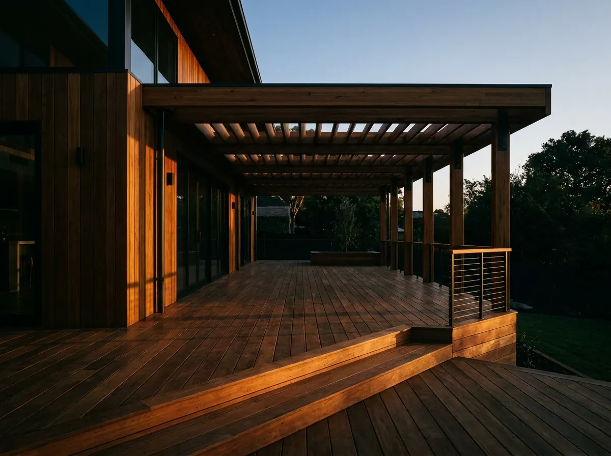 Terrasse en bois exotique avec pergola attenante