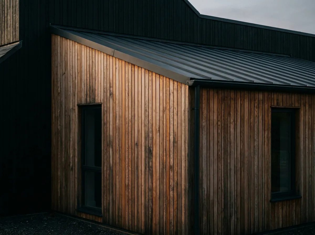 Extension de maison en ossature bois avec bardage mélèze et toiture zinc