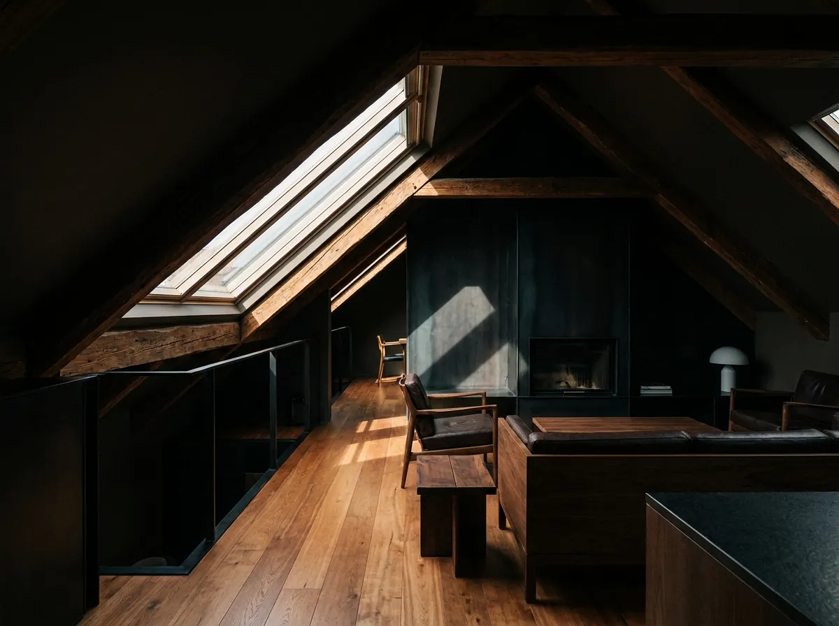 Combles aménagés avec plancher bois neuf et solives apparentes