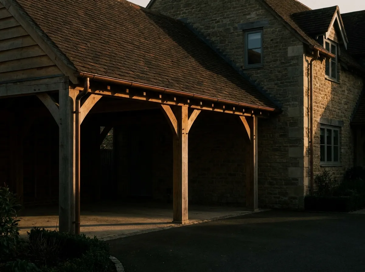 Carport en charpente bois avec couverture tuiles adossé à une maison