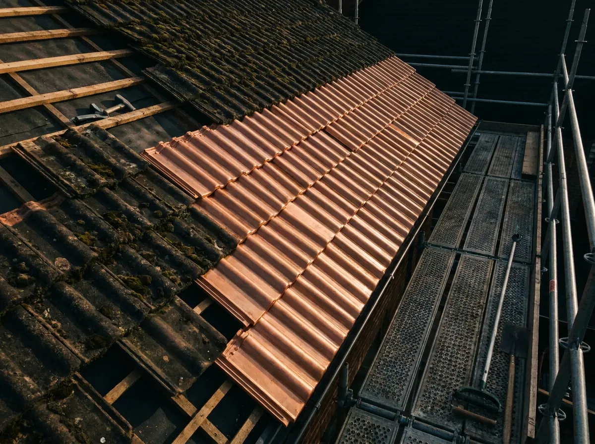 Toiture en cours de réfection avec tuiles neuves posées à côté de vieilles tuiles couvertes de mousse