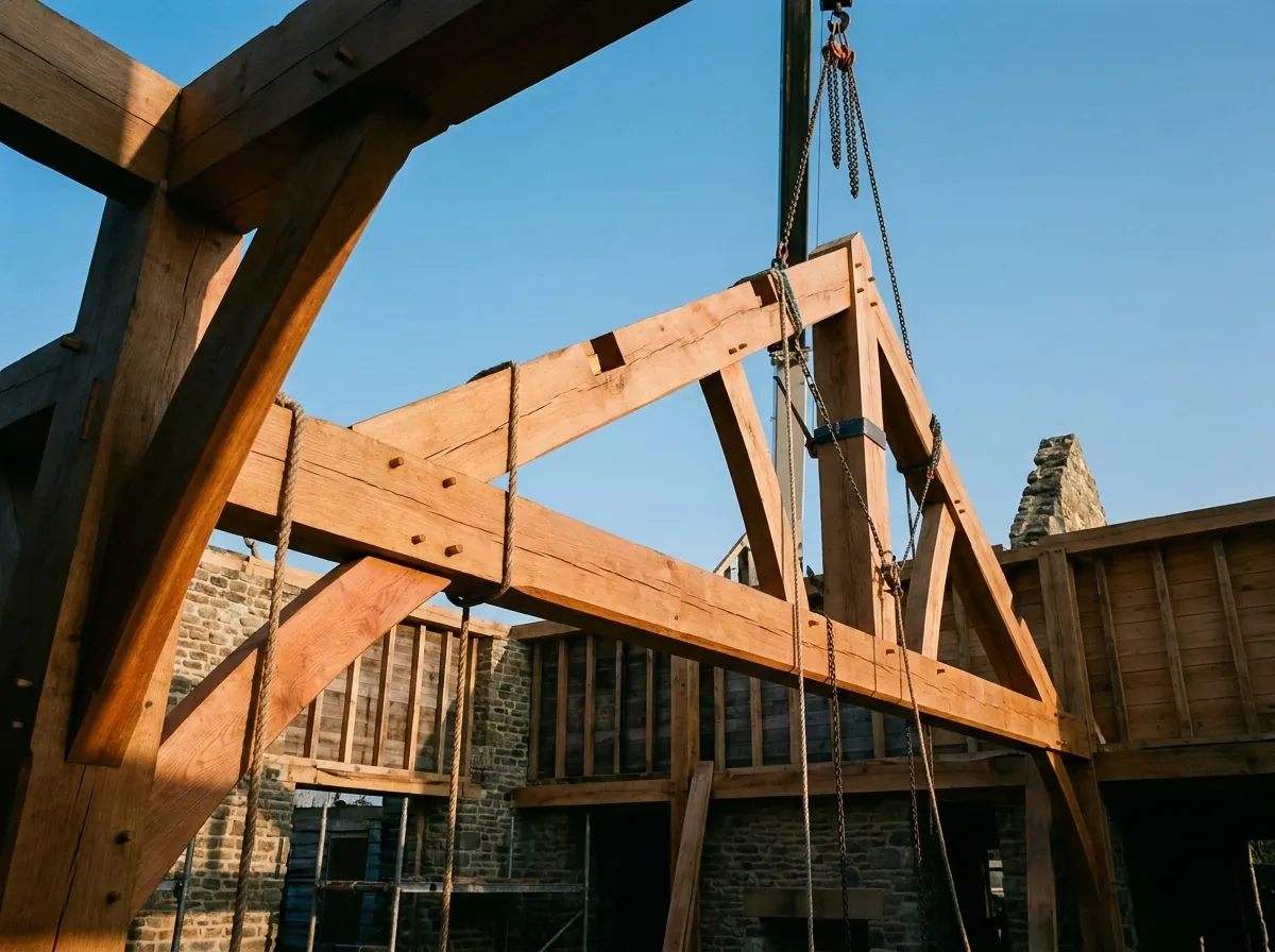 Ferme de charpente traditionnelle en chêne en cours de levage sur une maison en construction
