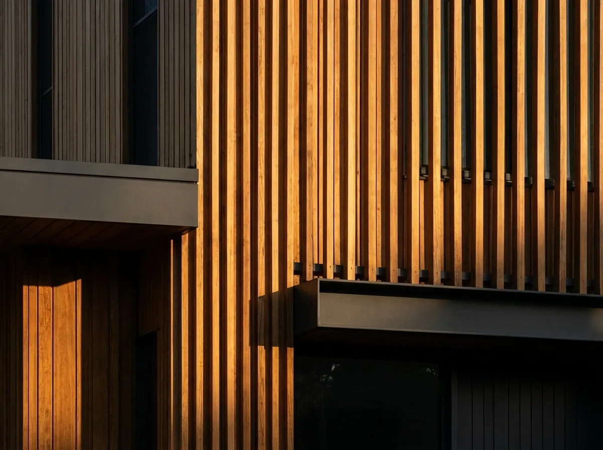 Bardage bois vertical en mélèze sur la façade d'une maison contemporaine avec claire-voie régulière