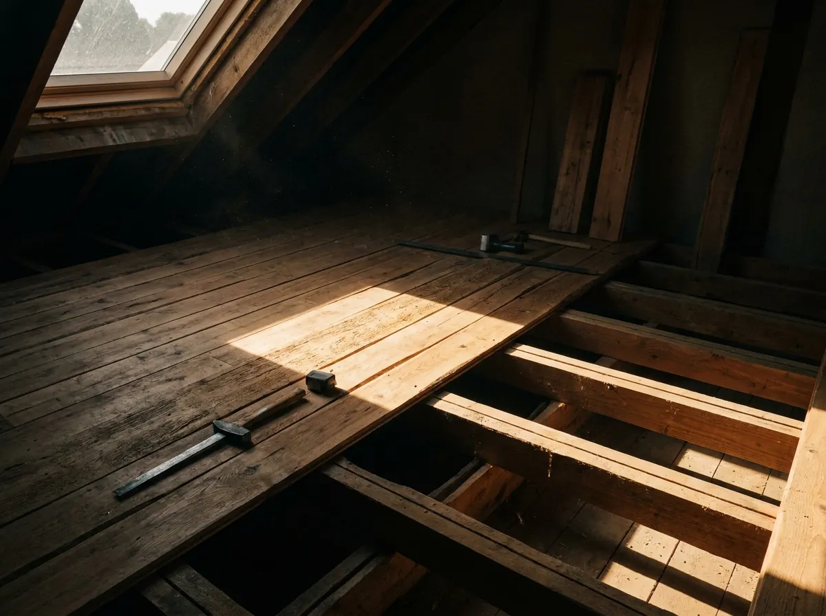 Plancher bois neuf en cours de pose dans des combles avec solives apparentes et fenêtre de toit