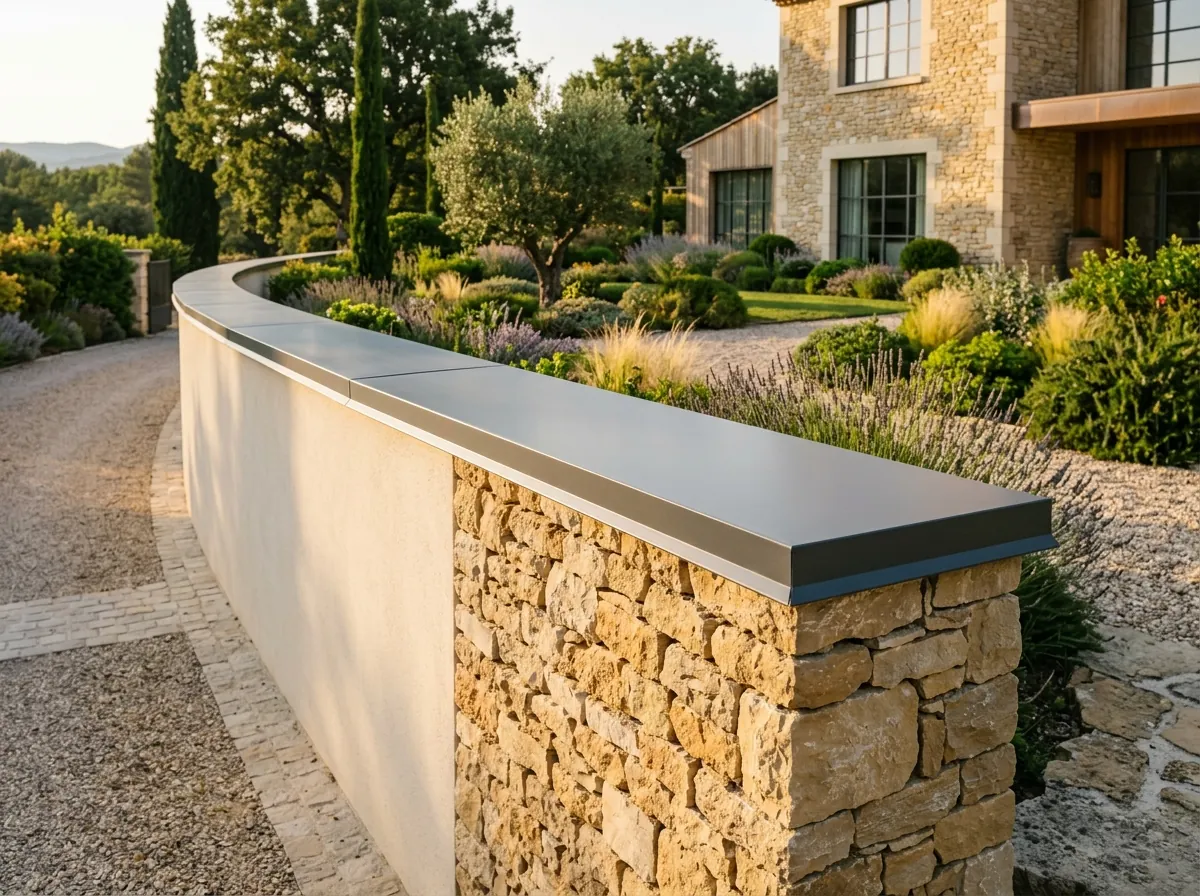 Couvertine en aluminium gris anthracite posée en tête d'un mur d'acrotère de maison contemporaine