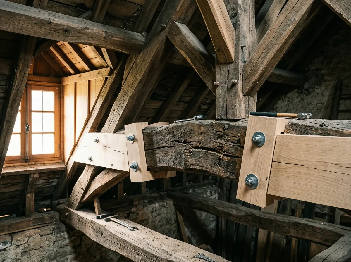 Charpente ancienne en chêne en cours de rénovation avec pièces de bois neuf greffées sur les anciennes