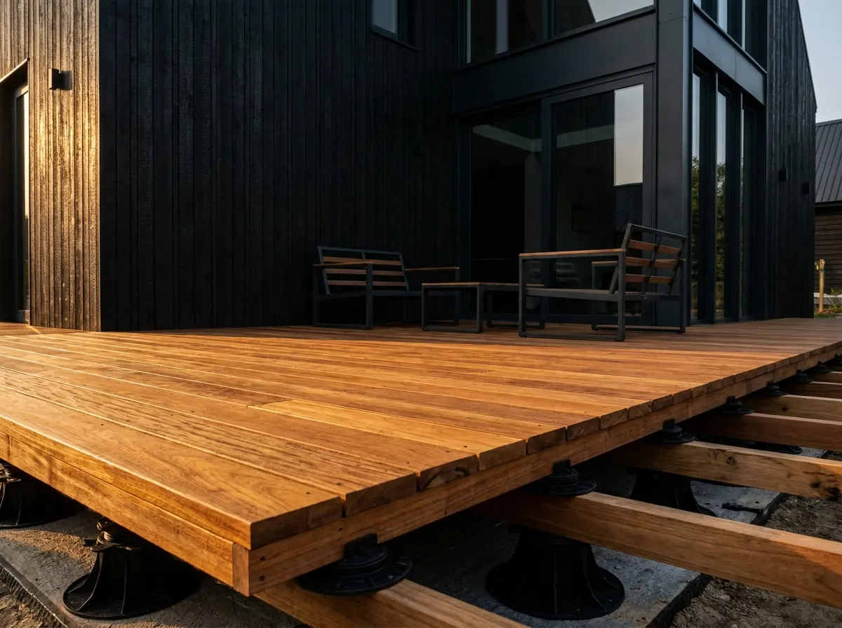 Terrasse en lames de bois exotique fraîchement posée devant une maison avec lambourdes visibles en bordure
