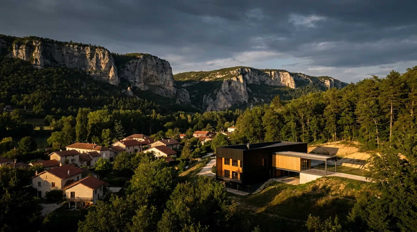 Paysage du Bas-Bugey avec falaises calcaires et village aux toits de tuiles rouges